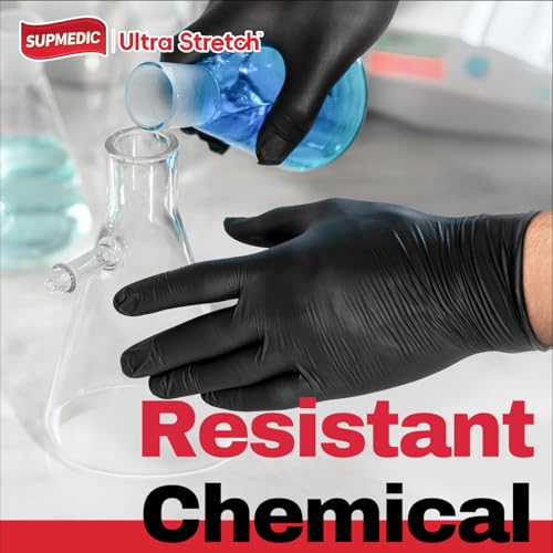 Supmedic Nitrile+ Disposable Gloves, 5Mil Chemical Resistant Powder-Free Latex-Free Glove Exam Cook Tattoo, Black Blue 100Pcs - color: (Black) X-large