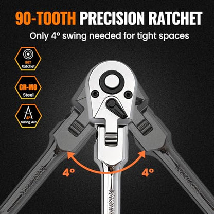 6-Piece Flex Head Ratchet Wrench Set, 1/4", 3/8", 1/2" Drive, 90T Quick-Release Reversible with Extension Bars for Tight Spaces - size: Combo Kit(1/4" & 3/8" & 1/2")