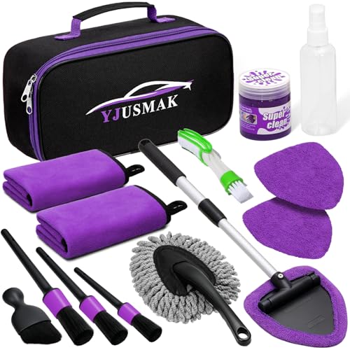 Windshield Cleaning Tool, 13PCS Car Detailing Kit Interior Cleaner, Car Window Cleaner with Extendable Handle, Car Interior Cleaning Kit with Detailing Brushes for Women Men (Purple) - color: purple