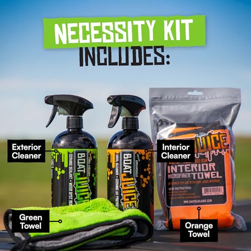 Boat Juice Necessity Boat Cleaner Kit | Exterior Water Spot Remover, Interior Seat & Vinyl Cleaner, 2 Microfiber Towels | Boat Cleaning & Detailing Kit, Marine Accessories | Made in USA (Kit)