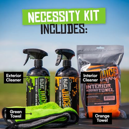 Boat Juice Necessity Boat Cleaner Kit | Exterior Water Spot Remover, Interior Seat & Vinyl Cleaner, 2 Microfiber Towels | Boat Cleaning & Detailing Kit, Marine Accessories | Made in USA (Kit)