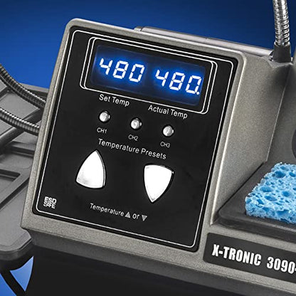 X-Tronic 3090-PRO-X – 75 W Soldering Iron Station – 5 Extra Tips, 2 LED Displays, Sleep Func, C/F, 3 Temp Presets, Mini Mag Lamp, 4 Helping Hands, Solder Sucker, Tweezers, Solder, Brass & Wet Sponges