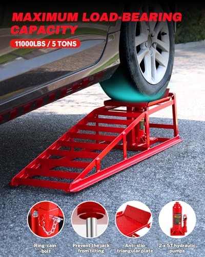 GarveeTech 2 Pack Hydraulic Car Ramps 5T 11000lbs Low Profile Car Lift Service Ramps Truck Trailer Garage, Height Hydraulic Vehicle Ramps - color: Red