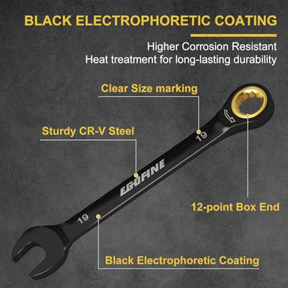 Egofine Ratcheting Wrench Set 10 Piece, Metric Wrench Set, CR-V Steel 6-19mm Wrench, 72-Teeth Combination wrench set, Black Electrophoretic Coating Ratchet Wrenches Set with Tool Roll Bag - style: Metric-10 piece set