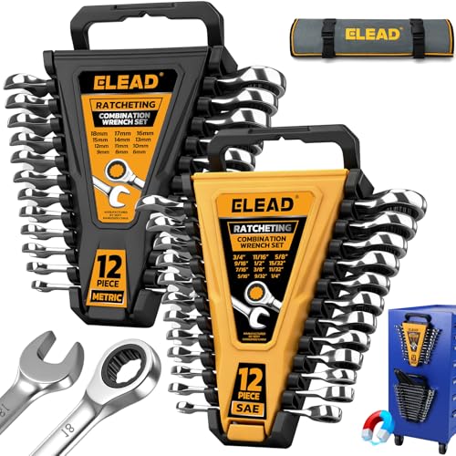ELEAD 24-Piece Ratcheting Wrench Set, Metric 6-18mm & SAE 1/4"-3/4", 12-Point 72-Tooth CR-V Steel Combination Wrenches with Tool Roll Bag and Magnetic Wrench Organizer for Automotive Repair