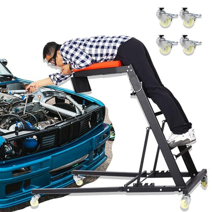 Adjustable Automobile Topside Creeper 42.5"-66" High Range with Wheels & Tool Pouch & Padded Deck, 330 Lbs Capacity, Foldable Automotive Engine Creeper for Trucks Garage Auto Repair Maintenance