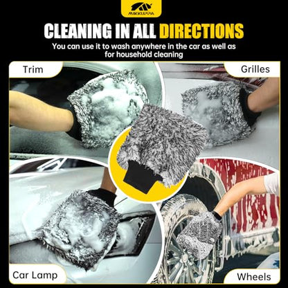 MIKKUPPA Microfiber Car Wash Mitt - Double-Sided Ultra Absorbent Scratch Free Premium Blend Glove for Car Washing Home Cleaning (Black, 2Pack, 11'' x 8'') - color: Black