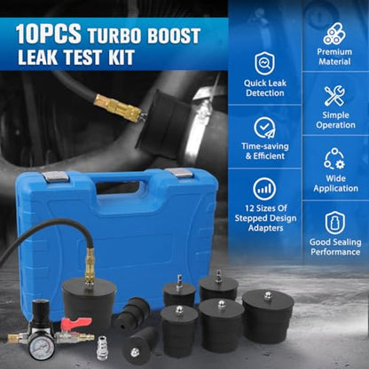 Turbo Boost Leak Tester Kit 10PC Boost Leak Tester Automotive Well-sealed Turbo/Emission/Cooling System Pressure Leakage Tester with 4 Pairs of Stepped Adapters 1-3/8" to 3-1/2", US & EU Air Fitting - style: 10PCS