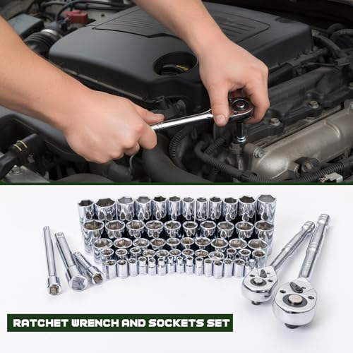 Prostormer Mechanics Tool Set with SAE & Metric Sockets, Green | 279-Piece, Chrome-Vanadium Steel, 1/2", 3/8" Quick-Release Ratchets for Auto and Machine Repairs - color: Green