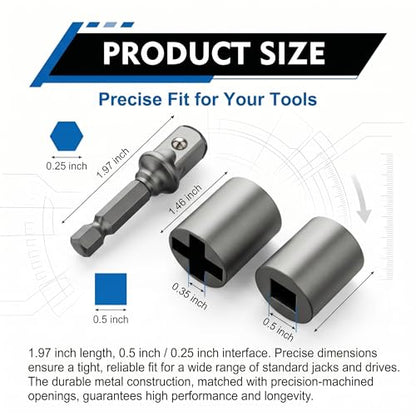 3 PCS Scissor Jack Adapter Set, Thickened Metal Turbo Jack Drill Adapter with Conversion Socket, for Hand Drill Automatic Jacks, Universal for Most Cars SUVs Trucks (Silver)