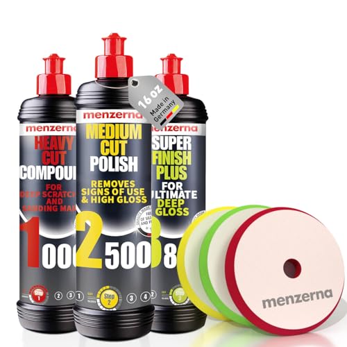 Menzerna Polishing Set 16oz – HCC1000, MCC2500 & SFP3800 | 3-Step System incl. 3 Matching 6-Inch Pads for Scratch Removal, Swirl Elimination & Mirror-Like Finish - color: Polishing Set 16oz + Pad