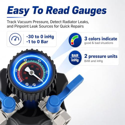 Mhot Cooling System Vacuum Refill Kit, Fast Air Purge Coolant Filling Kit of 15 Pack,Universal Radiator Coolant Vacuum Fill Tool with Dual-Movement Pressure Gauge,Vacuum Leak Tester & Conical Adapter - color: BLUE