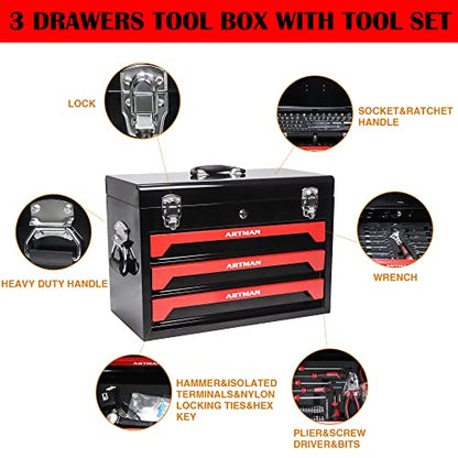 339 Piece Kits Tool Set Heavy Duty Metal Mechanic Box,Tool Box with Handle 3-Drawer and Top Storage, Drawers Tool Case for Garage, Warehouse, Workshop Maintenance, Repair Shop(Black&Red) - size: 439pcs - Black&Red