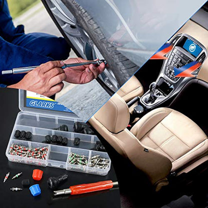 Glarks 148Pcs Tire Valve Car Air Conditioner Valve Core Kit, Tyre Air Valve Cap Tire Valve Core Tire Valve Stem Air Conditioning Valve Core with Dual Head Valve Core Remover Tool 6 in1 Tire Repair Set - style: 148Pcs