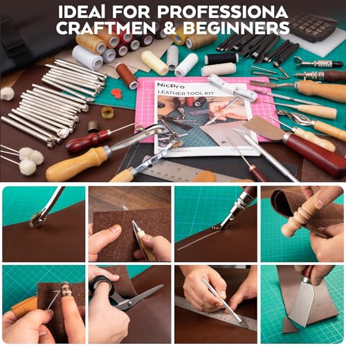 Nicpro 160PCS Upgrade Leather Tooling Kit Leather Working Tools Kit with Storage Handbag, Professional Leather Making Craft Tools Kit for Stamping Sewing Carving Cutting Punching Leather Working - size: 160PCS