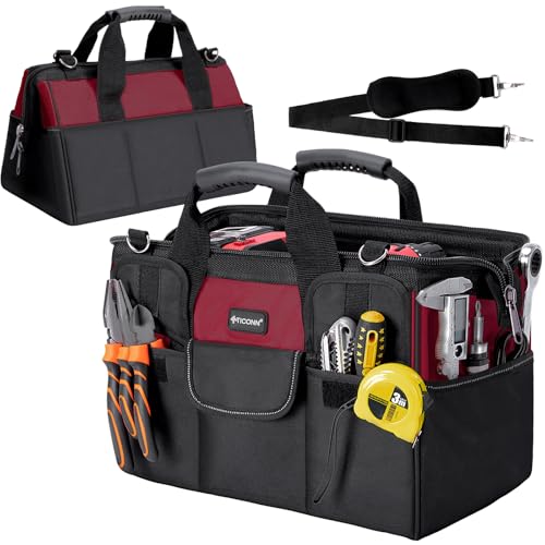 TICONN Heavy Duty Tool Bag with Multi-Pockets, Portable Tool Box Organizer Storage Bag, with Adjustable Shoulder Strap and Ergonomic Handle (Red, 16" Standard Base) - color: Red, size: 16" Standard Base