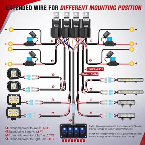 Nilight 16AWG 14AWG 12AWG LED Light Bar Wiring Harness Kit 12V On/Off 4 Gang Rocker Switch Panel Power Relay Blade Fuse 5Pin Toggle Switches for Cars Boat ATV Trucks-8 Leads - color: 4Gang Rocker Switch 16AWG Wiring Harness