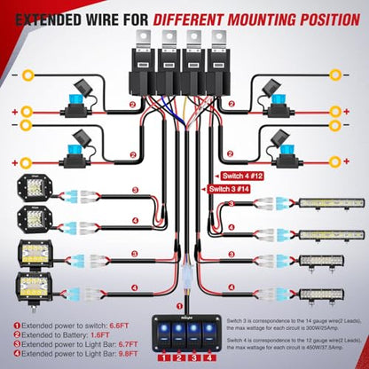 Nilight 16AWG 14AWG 12AWG LED Light Bar Wiring Harness Kit 12V On/Off 4 Gang Rocker Switch Panel Power Relay Blade Fuse 5Pin Toggle Switches for Cars Boat ATV Trucks-8 Leads - color: 4Gang Rocker Switch 16AWG Wiring Harness
