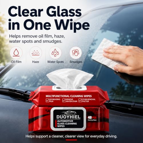 Car Glass Cleaning Wipes, 40 PCS Automotive Windshield Oil Film Remover Wipes for Car Windows, Mirrors & Windshield, Disposable Auto Glass Cleaner Wipes for Haze, Smudges, Water Spots, Dirt & Residue