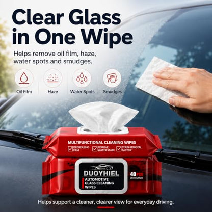 Car Glass Cleaning Wipes, 40 PCS Automotive Windshield Oil Film Remover Wipes for Car Windows, Mirrors & Windshield, Disposable Auto Glass Cleaner Wipes for Haze, Smudges, Water Spots, Dirt & Residue