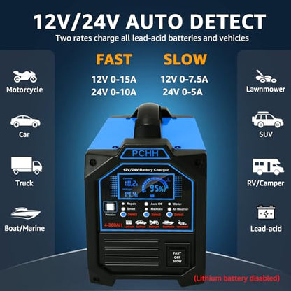PCHH 12V 24V Car Battery Charger Heavy Duty, 0-15A Automatic Battery Maintainer, Smart Trickle Charger with Auto Shutoffs, Repair, Winter Mode, for Automotive Car Truck Motorcycle Lawn Mower Boat AGM
