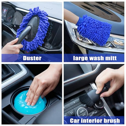 Car Wash Detailing Kit Cleaning Kits with Foam Gun Sprayer, Car Wash Brush and Large Wash Mitt Duster for Car Interior and Exterior Cleaning (Blue) - color: Blue