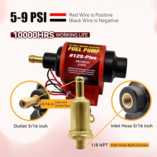 Universal 12 Volt Electric Fuel Pump 5-9 PSI, 35GPH, Super 12S Plus for Gasoline Diesel Engines with 5/16 Inch (8mm) ID Fuel Line Hose 6.56FT - color: 5-9PSI 35 GPH for Gasoline+ 6.56FT Fuel Line