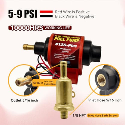 Universal 12 Volt Electric Fuel Pump 5-9 PSI, 35GPH, Super 12S Plus for Gasoline Diesel Engines with 5/16 Inch (8mm) ID Fuel Line Hose 6.56FT - color: 5-9PSI 35 GPH for Gasoline+ 6.56FT Fuel Line