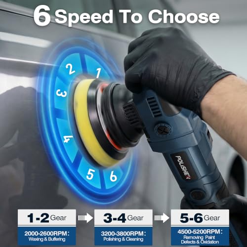 Buffer Polisher, 15mm Dual Action Random Orbital Polisher, 5 Inch/6 Inch Car Detailing Kit, 6 Variable Speed 2000-5200 RPM – Professional Car Buffer for Trucks and SUVs