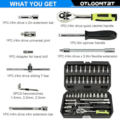 OTLOOMTBT 46PCS 1/4" Drive Socket Set, Ratchet Wrench Tool Kit | Metric Sockets, Bit Set, Extension Bars & Case for Auto Repair, Home DIY, Garage Maintenance and Everyday Fixes - style: 1/4 Inch Drive 46PCS
