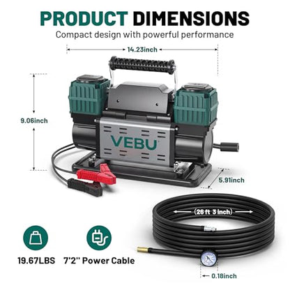 Heavy Duty Air Compressor 12V Tire Inflator, Dual Cylinder 125PSI with In-line Pressure Gauge, 10.6CFM Fast Inflation for Off-road Vehicles, Trucks, SUVs, RVs, ATVs, DC Power, Corded Electric - style: Dual Cylinders + Inline Gauge