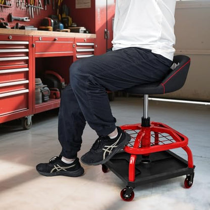 Rolling Stool with Red Wheels, Heavy Duty Garage Work Mechanic Rolling Shop Stool with Backrest, Adjustable Height 360°Swivel Roller Mechanic Chair with 2 Tool Trays, 330 LBS Capacity - color: Red Stool With Red Casters