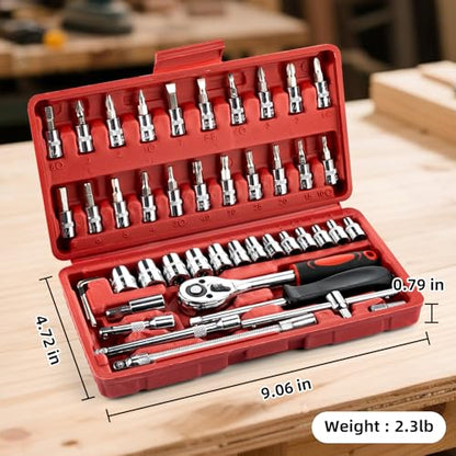 Socket Set, 46 PCS 1/4 Inch Drive Socket Wrench Set, Ratchet Wreches Set with Bit Socket Set Metric & Extension Bar for Auto Repairing and Household, with Storage case