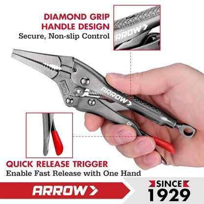 ARROW 6.5 in Needle Nose Locking Pliers, CR-MO Jaw, Long Nose Locking Pliers, Adjustable Clamping Pressure with Through-Hole Screw, Trigger Release, Ideal for Tight Spaces - size: 6.5 in
