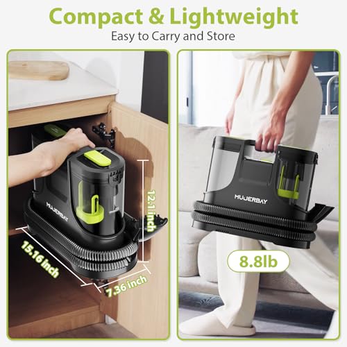Upholstery Carpet Cleaner, MUJERBAY 15Kpa Portable Spot and Stain Cleaner Shampooer, Easy Move with Handle, 1.5-inch Deep Cleaning Machine for Couch, Stairs, Car and Pet Messes. - color: Black Green