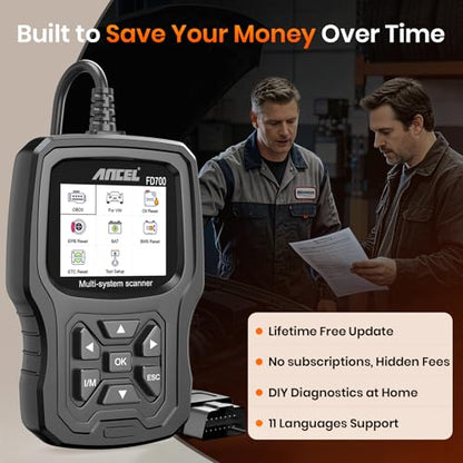 ANCEL FD700 Ford Lincoln Mercury OBD2 Scanner, Full System Automotive Car Code Reader with All Functions, Including Battery Registration ABS SRS SAS BMS Oil Reset TPMS Engine IQA EPB Regen - color: black
