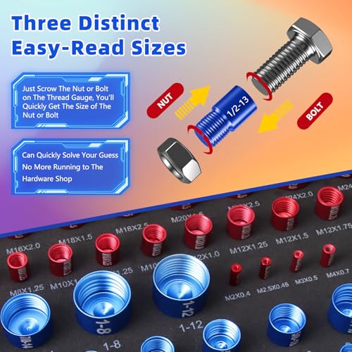 Nut and Bolt Thread Checker Set, 55 Pcs Thread Checker Tool (25 Metric & 30 SAE), Bolt Thread Gauge & Size Finder, Bolt and Nut Identifier with Storage Case for Mechanics Garage