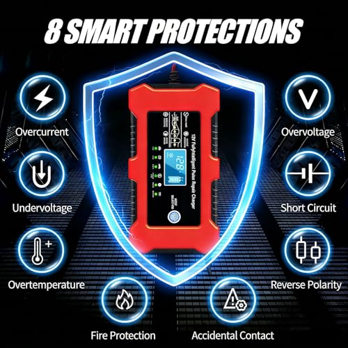 12V 10A Car Battery Charger, Lead-Acid & Lithium Trickle Battery Charger with Temperature Compensation, Desulfator & LED Display Maintainer for Car, Motorcycle, Truck, Marine, Lawn Mower
