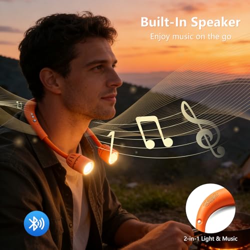 Orange Neck Light, Bluetooth Speaker, 5 Modes, USB-C Rechargeable | Hands-free 2-in-1 neck light and Bluetooth speaker with 90° adjustable beams, 5 modes, 2600mAh USB-C power, and 40+ hours. - color: Orange