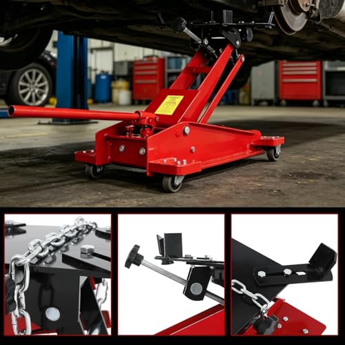 Transmission Jack 1/2Ton(1100LBS) Capacity Hydraulic Low Profile Floor Jack | with Safety Chain & Roll-Under 360° Swivel Casters, 7.68"-24.8" Lift Range for Car / Truck Repair