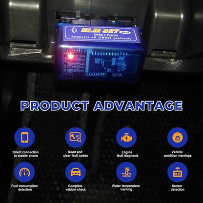 ELM327 OBDII Car Auto Diagnostic Scanner, OBD2 Bluetooth Scan Tool Mini Engine Fault Code Reader, Wireless Interface Adapter Portable Diagnostic Tool for Most OBDII Vehicles