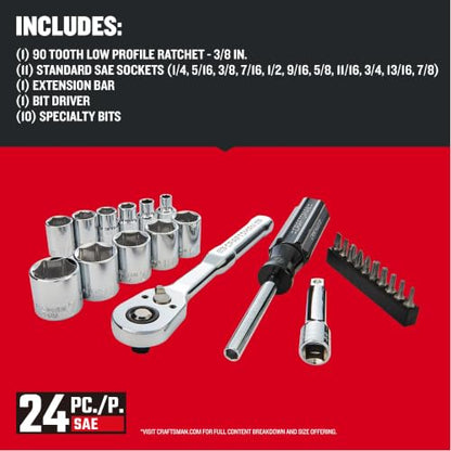 CRAFTSMAN Mechanics Tool Set, 24 Piece, 3/8 Inch Drive SAE, 90-Tooth (CMMT12112) - style: NEW SAE