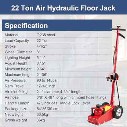 22 Ton Air Hydraulic Floor Jack Quick Lift Air Axle Bottle Jack | Heavy Duty Steel Service Repair Lifting Tool for Trucks with 4 Extension Saddle Set and Wheels 44,000lbs Capacity - color: Red