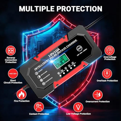Car Battery Charger 12V 10A Smart Trickle Charger Fully Automatic | Battery Maintainer Temperature Compensation LCD Display 8-Layer Protection Suitable for Car Truck Motorcycle Lawn Mower Boat - color: Black