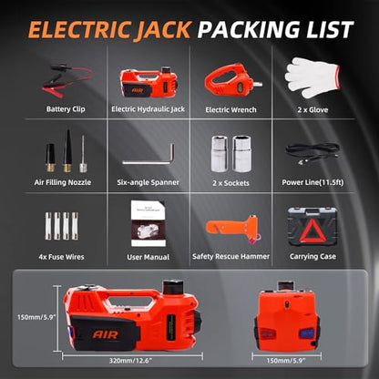 STANDTALL Electric Car Jack 5 Ton 12V Floor Jack, Impact Wrench, Inflator | Fits Sedan SUV Truck, Lift Range 5.9-17.7in, 350 N·m Impact Wrench, 35L/min Pump, 150 PSI Gauge, Headlight - color: Red Jack+Portable Wrench