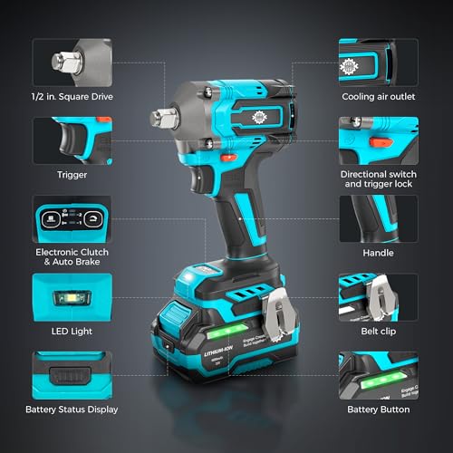 Brushless 1/2" Cordless Impact Wrench Kit, 630N.m (465Ft.lb) Impact Gun | 4.0Ah Battery and Fast Charger, 3-Mode Speed, 2500RPM 20V Power Impact Driver Electric Impact Wrench with LED Light for Car