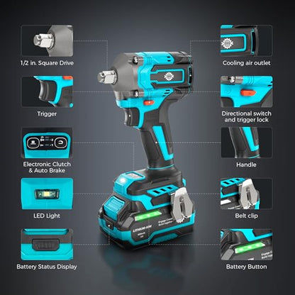 Brushless 1/2" Cordless Impact Wrench Kit, 630N.m (465Ft.lb) Impact Gun | 4.0Ah Battery and Fast Charger, 3-Mode Speed, 2500RPM 20V Power Impact Driver Electric Impact Wrench with LED Light for Car
