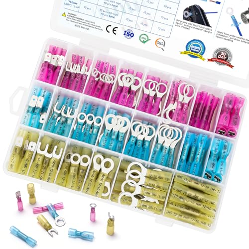 TICONN 250Pcs Heat Shrink Wire Connectors, Waterproof Automotive Marine Electrical Terminals Kit, Crimp Connector Assortment, Ring Fork Spade Butt Splices - style: 250PCS Combo