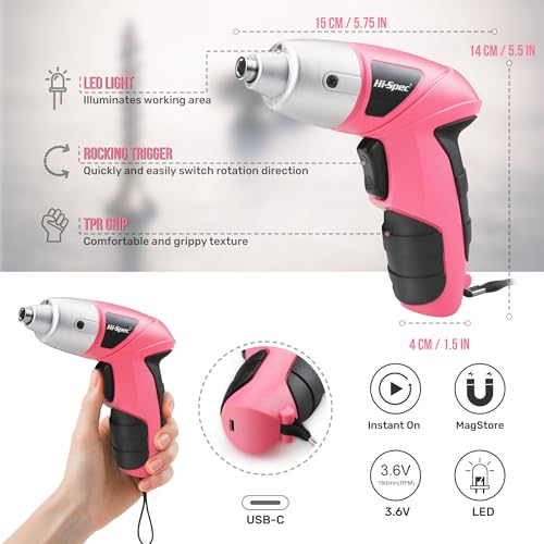 Hi-Spec Small Electric Screwdriver, Mini Drill Set, Rechargeable 3.6V Cordless Screwdriver with 26 Driver Bits, Power Tool for Small Projects & Home Use, Pink | 27pc, Speeds furniture assembly, comfortable cordless control, LED work light, USB charging, o