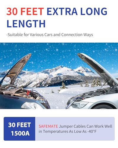 SAFEMATE 2/0 Gauge 30 FT Heavy Duty Jumper Cables - 1500Amp Booster Jumper Cable for Car, SUV and Trucks Battery - Quick Connect, Blue - size: 2/0 Gauge - 30 Ft